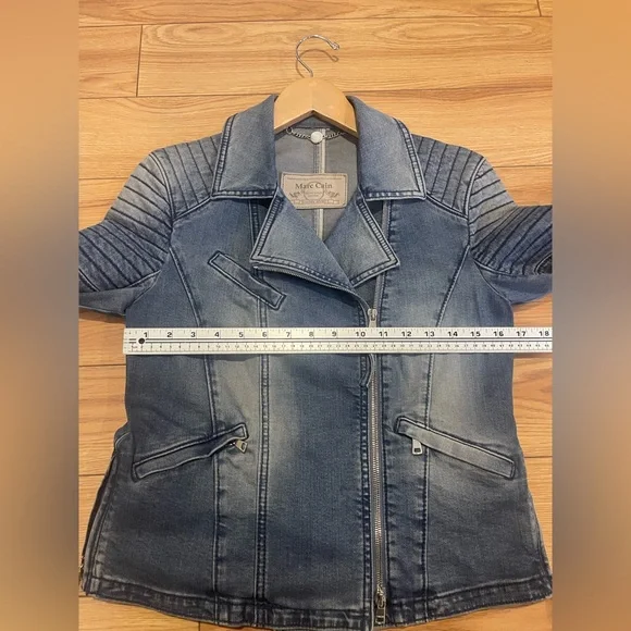 Marc Cain Blue Denim Biker Jacket  Quilted Moto Shoulders & Asymmetric Zip jeans - Picture 11 of 14